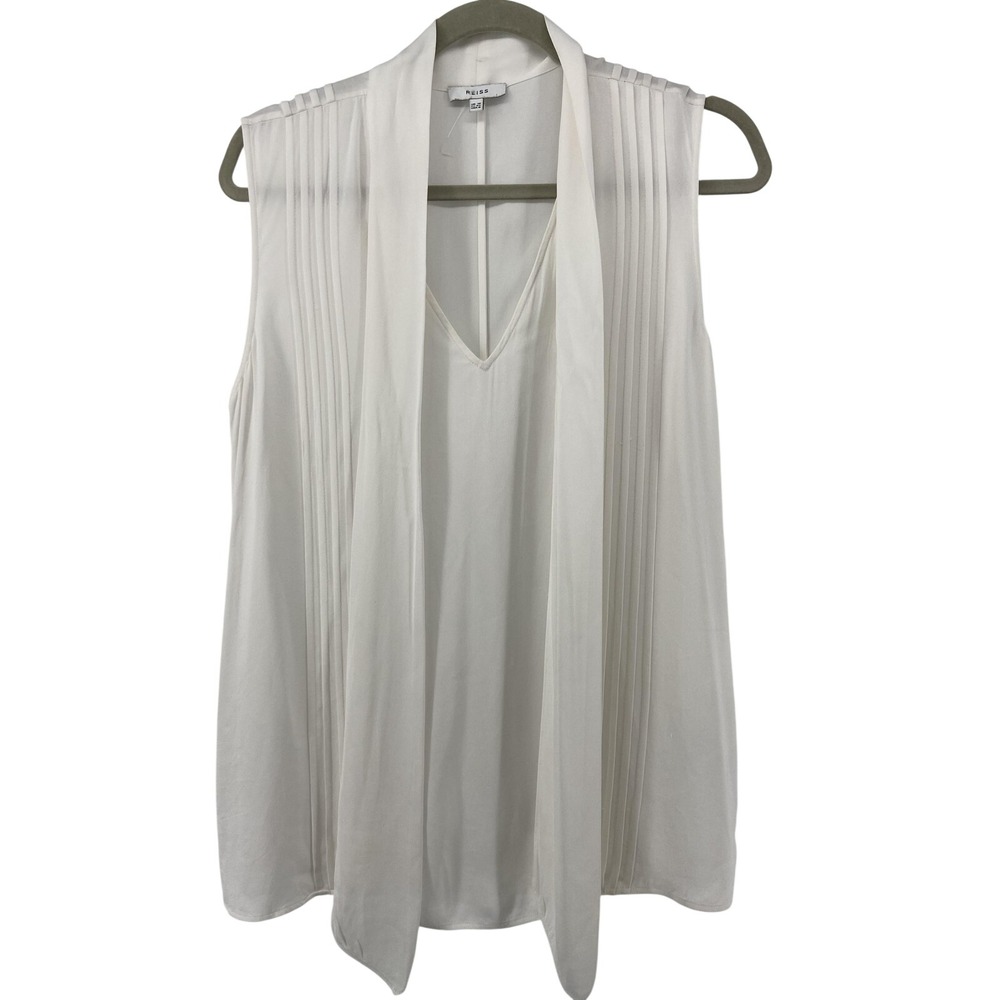 Reiss Blouse Womens 8 White Trudie Scarf Neck Pintuck Pleated Career Minimalist